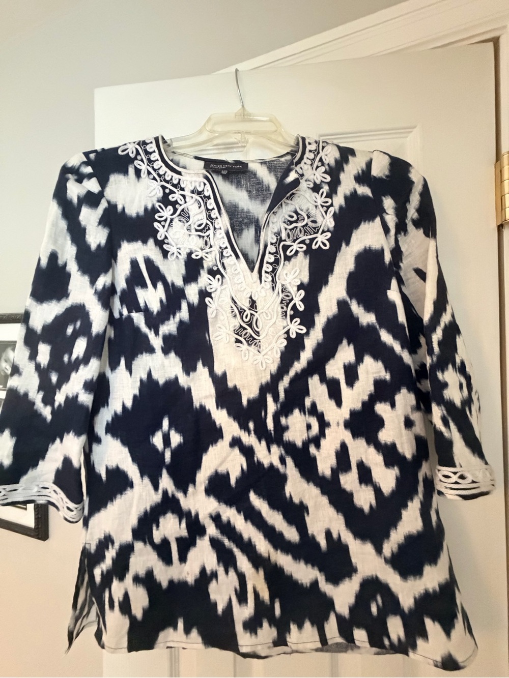Jones New York Navy & White Embroidered V-Neck Tunic